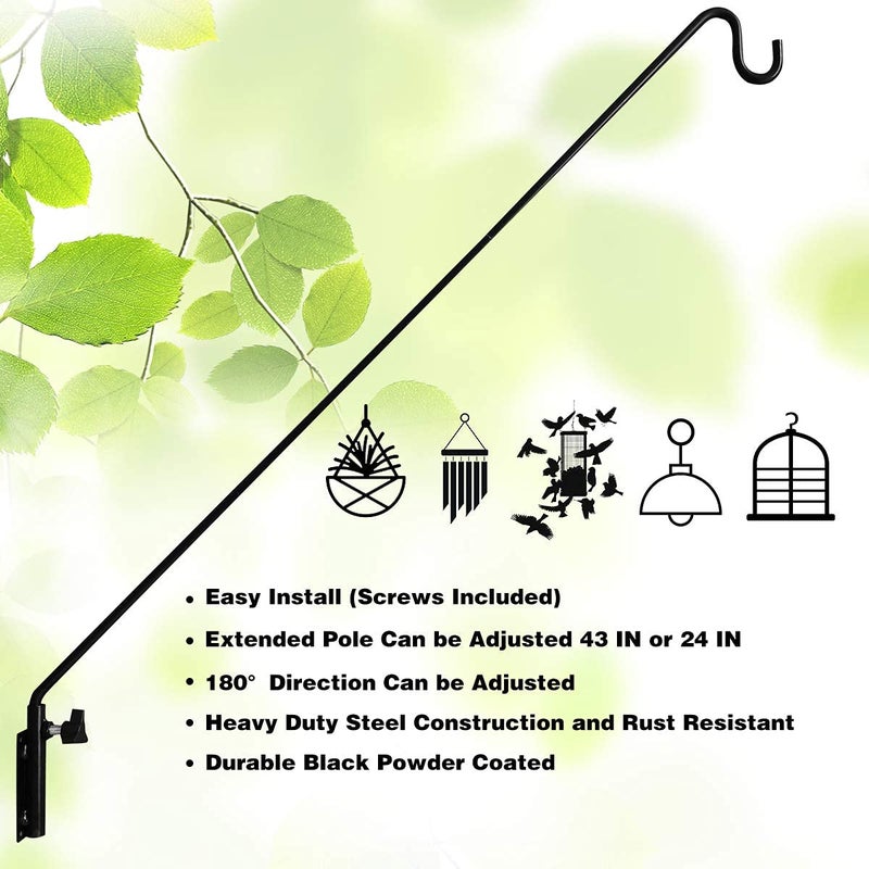 MIXXIDEA Heavy Duty Extended Reach Wall Mounted Deck Hook Wall Pole, Wall Bracket Direction and Length Adjustable Plant Bracket for Bird Feeders, Planters, Suet Baskets, Lanterns, Wind Chimes and More,Black - Image 4